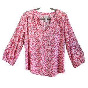 St Johns Bay Womens M‎ Boho Cottage Pink White Floral Rayon Split V-Neck Blouse